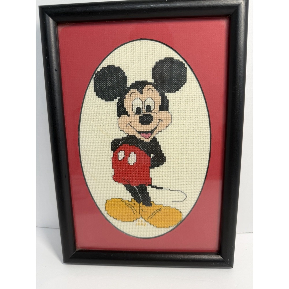 Vintage Mickey Mouse Handmade Framed Cross Stitch Disney Art Joy to Caroline